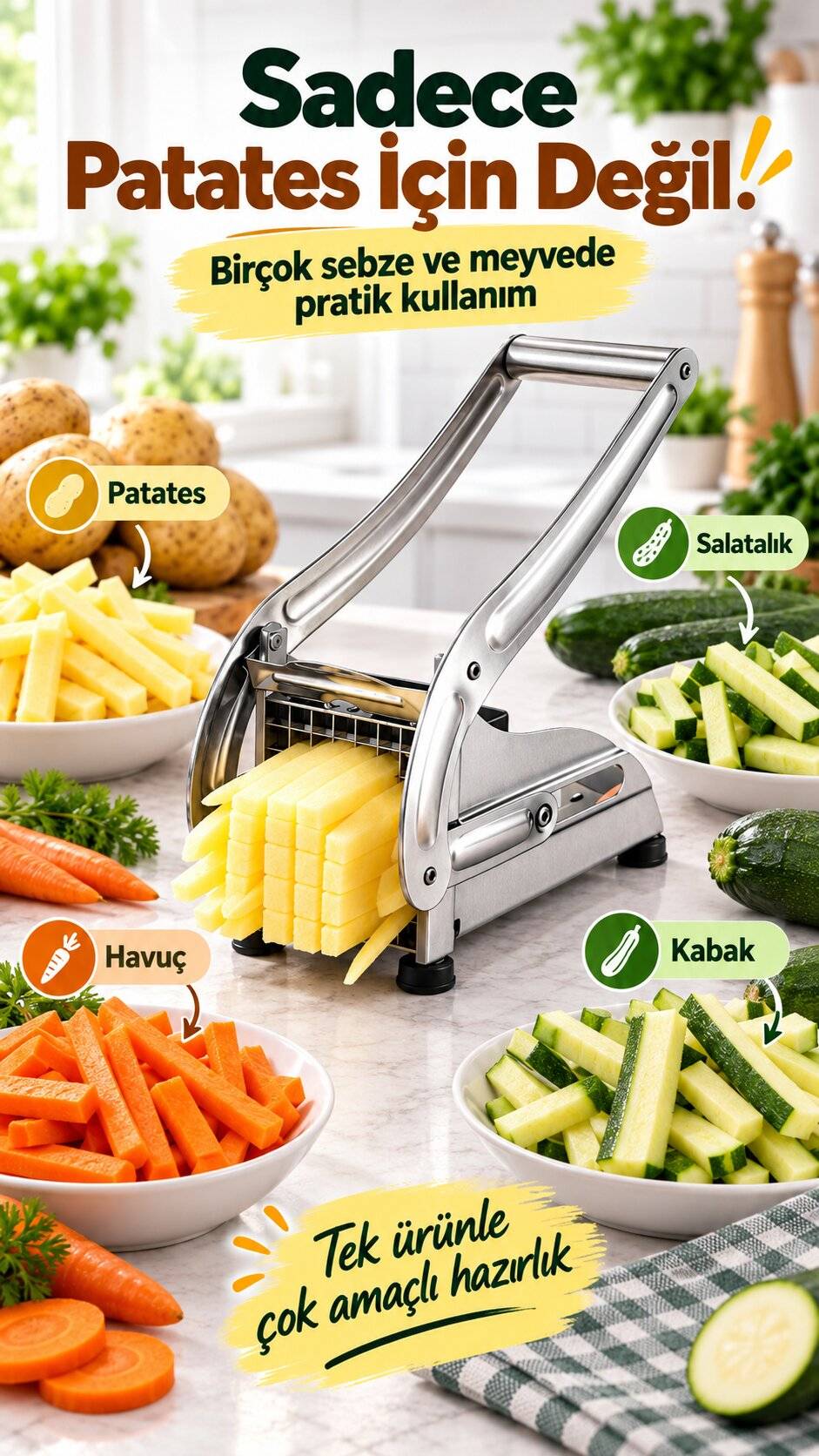 Patates, havuç, salatalık ve kabak dilimleme